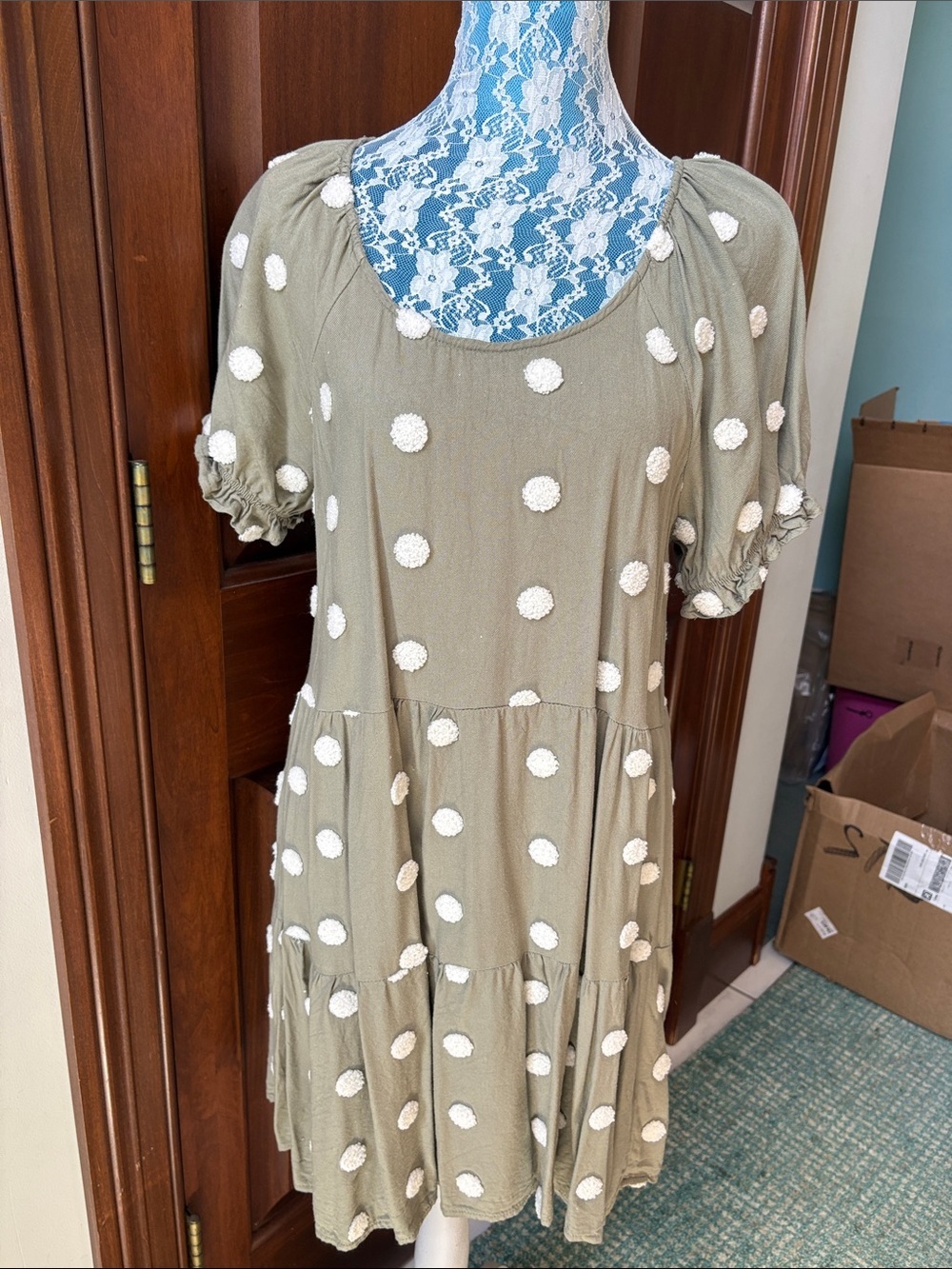 Blu Pepper mini dress Olive Green with cream chenille dot trim scoop neck L